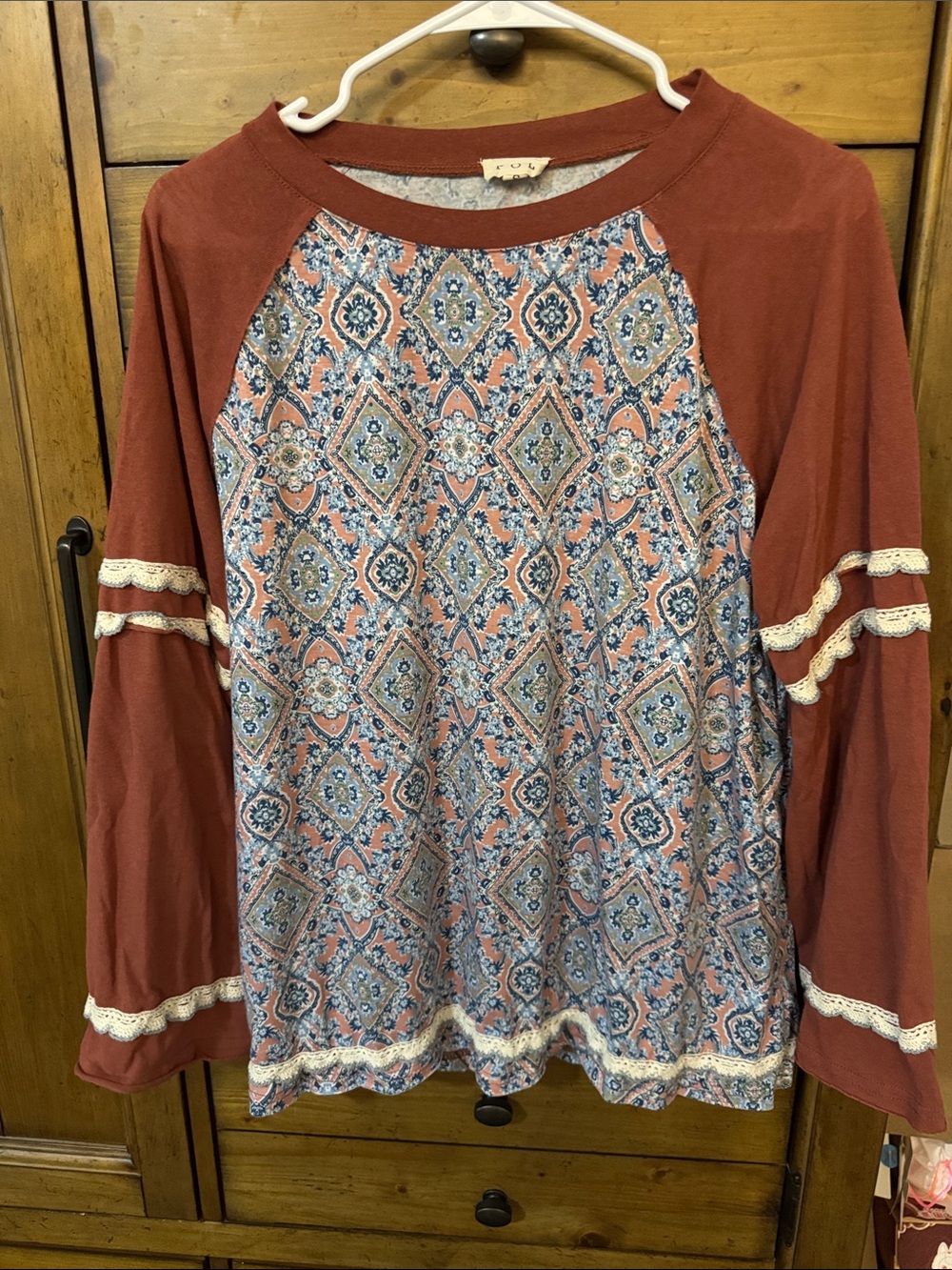 POL Rust Raglan Sleeve Top with Multi-Print Body